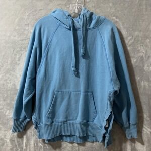 American Eagle Hoodie Womens Small Blue Pullover Side Slit Ribbed Y2K Sweatshirt